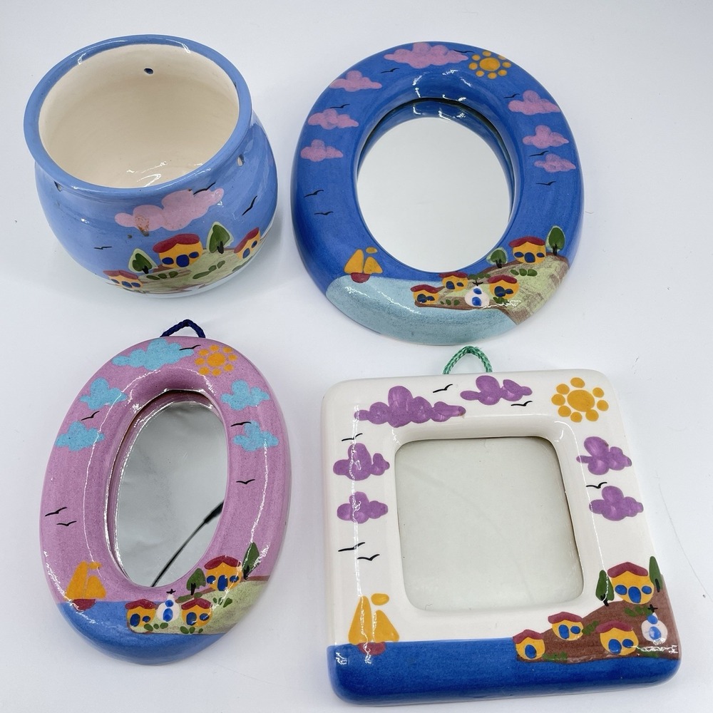 Artisanal Mediterranean Pottery Set Seaside Village 4 piece Mirrors Frame Pot